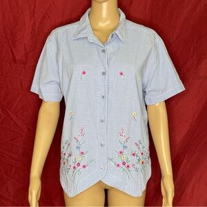 Cabin Creek Blue Gingham Embroidered Tie-Waist Button Down Top – Size Large